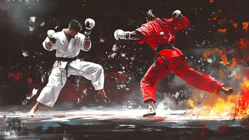 Martial artists in mid-fight within stylized fiery arena.