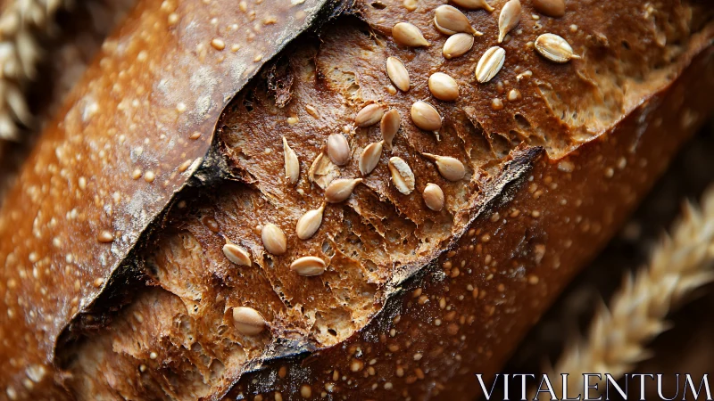 Artisanal seed-topped bread crust displays scored texture and golden sesame detail.