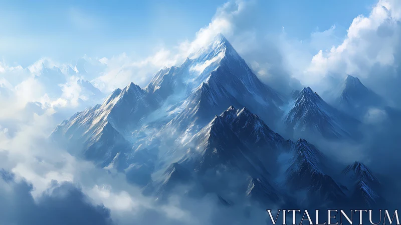 Snow-covered mountain range above clouds in soft light.