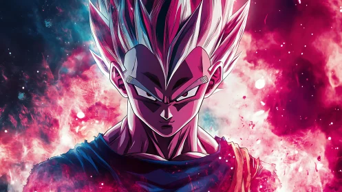 Determined anime warrior stands amid vivid cosmic energy storm