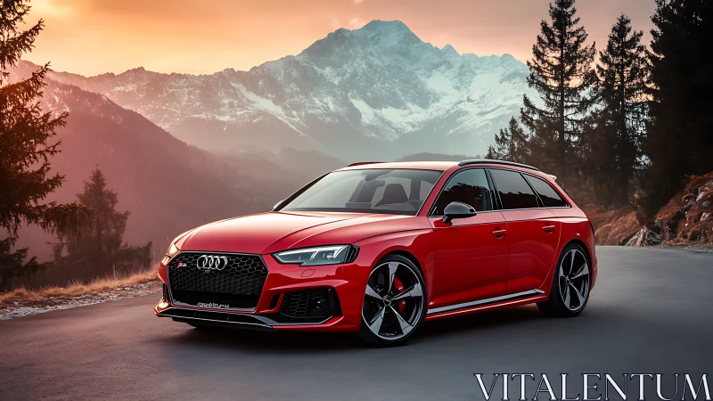 Red Audi sport wagon parked on mountain road at sunset