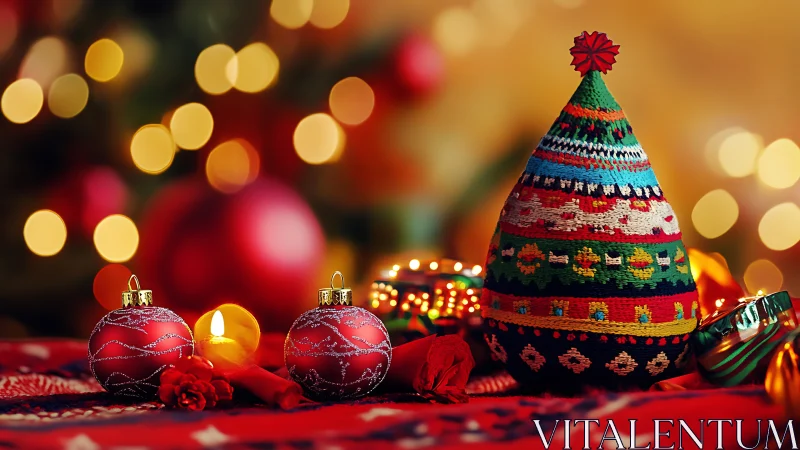 Festive knit Christmas cone with red ornaments and candle.