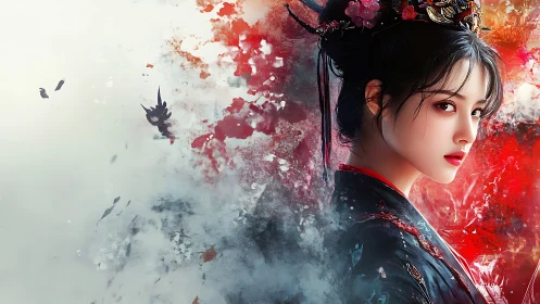 Crimson bloom of an ink-born empress against swirling mist.