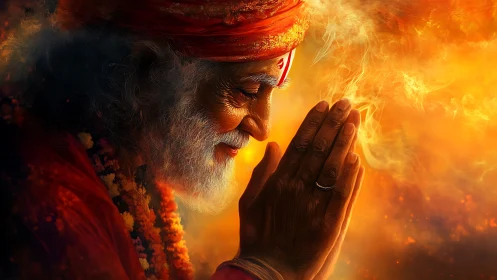 Mystic elder in fiery prayer glow, digital spiritual portrait.