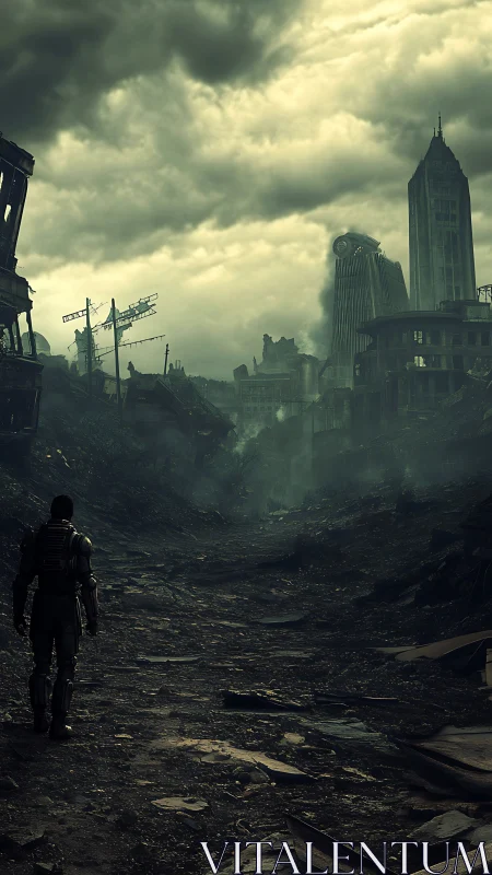 Lone wanderer negotiates a broken city of tilted giants