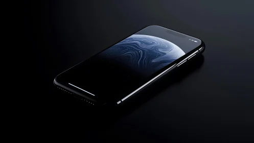 Sleek modern smartphone with dark minimalist design on black background.