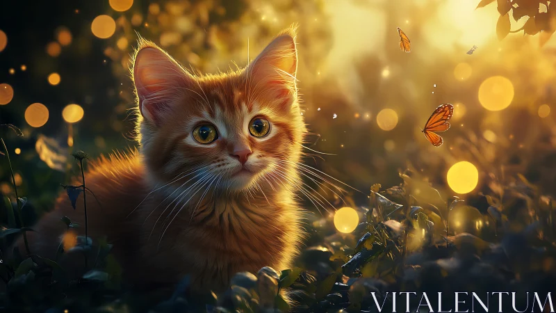 Luminescent Kitten Captivated by Butterflies in Golden Dreams.