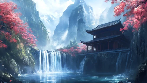 Tranquil red pagoda nestles by waterfalls in misty mountains