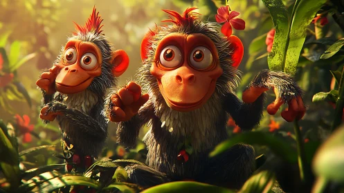 Two cartoon jungle monkeys with flowers in foliage.