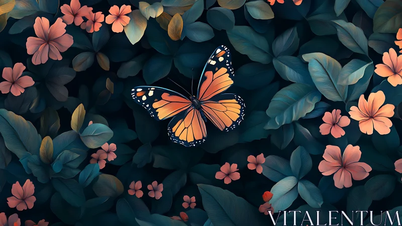 Monarch butterfly glows amid teal foliage and coral blooms.