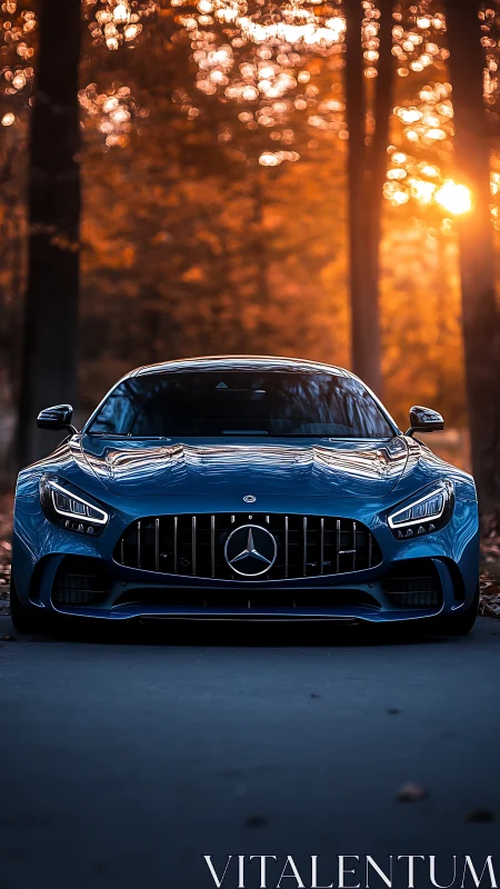 Mercedes performance coupe in autumn backlit forest glow.