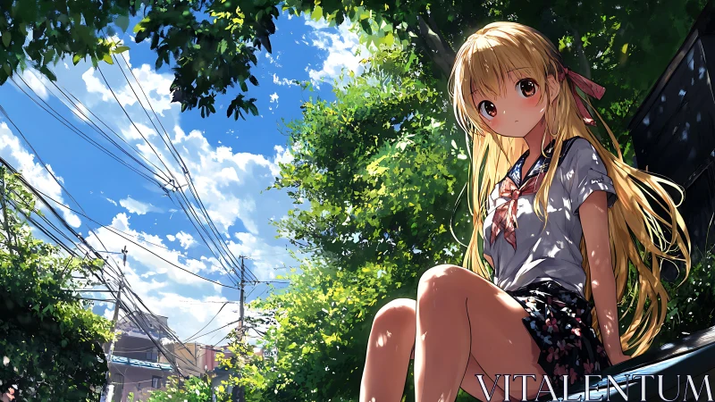 Summer light bathes a quiet anime girl on a park bench