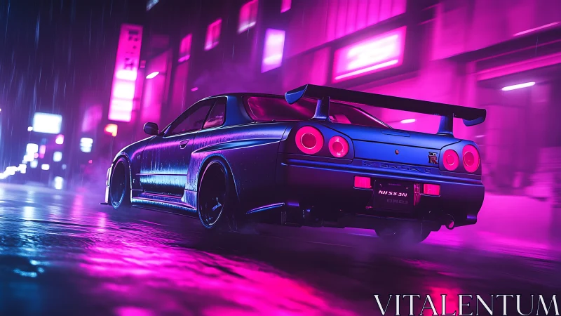 Neon rain chases a blue street racer through vapor pink night.