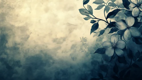 Ethereal White Blossoms Emerging from Atmospheric Mist.