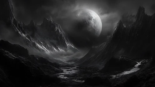 Dark alien valley under looming moonlit sky at night.