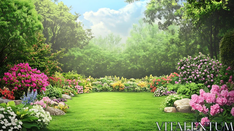 Lush flower garden with green lawn and dense trees backdrop