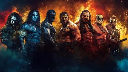 Digital painting lineup of warriors in inferno and frost haze.