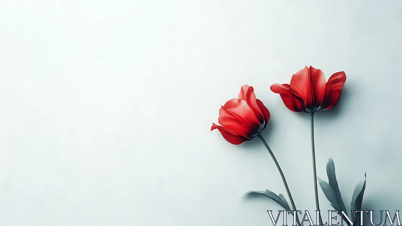 Two Vibrant Red Tulips Dancing in Serene Simplicity.