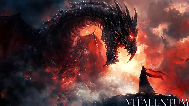 Colossal infernal dragon confronts lone cloaked warrior in flames