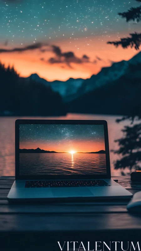 Laptop framing mirrored sunset lake within twilight landscape.