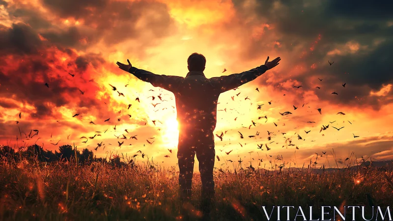 Sunlit silhouette greets a storm of birds at burning dusk.