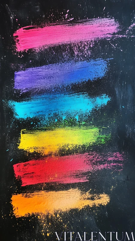 Neon brushstroke spectrum on textured black canvas background.