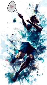 Dynamic tennis player mid-air hitting forehand shot.