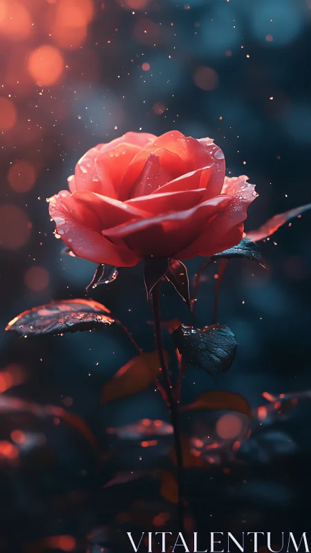 Luminous red rose glows against cool bokeh night background