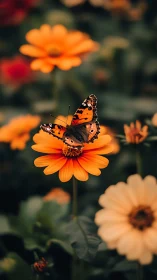Butterfly poised on vivid orange blossom in soft bokeh garden.