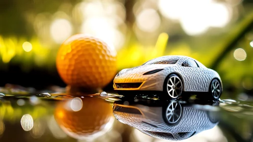 Textured model car and golf ball on reflective wet surface.