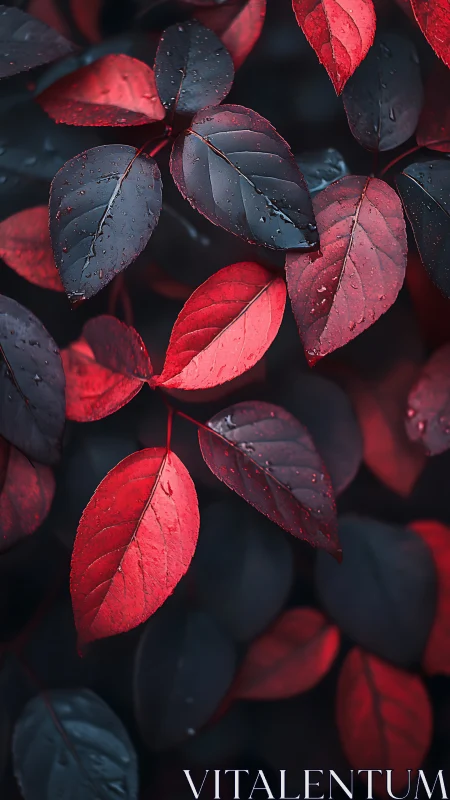 Crimson and midnight leaves glow softly after gentle rain