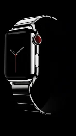 Stainless steel smartwatch with black screen on dark background