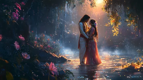 Couple in Enchanted Garden at Sunset.