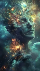 Cosmic dreamer merges with swirling starlit nebulae in peace