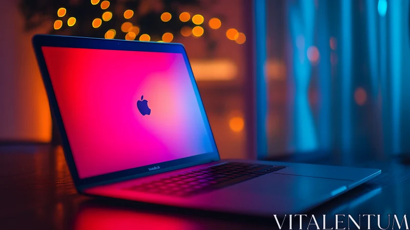 Sleek laptop glows in moody neon workspace ambiance