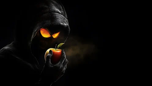 Digital painting of hooded demon figure with glowing apple.