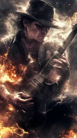 Stormridden guitar sorcerer shredding through molten firestorm.