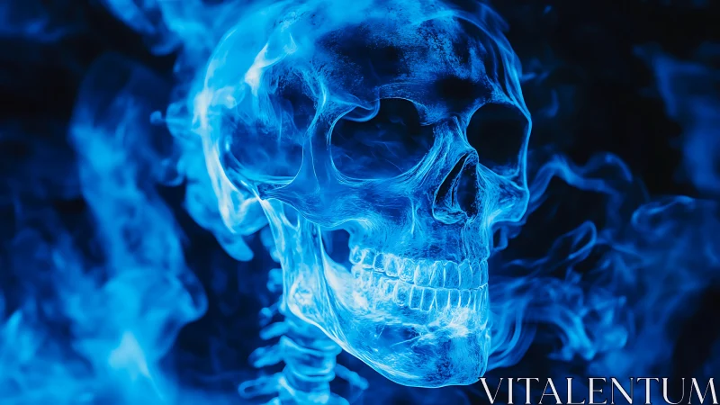 Spectral blue flame skull rendered with volumetric translucency.