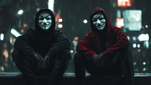 Masked urban operators in nocturnal rain-soaked megacity environment.