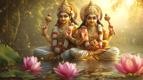 Golden deities share peaceful blessings on a lotus pond