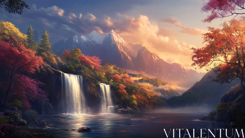 Sunlit waterfalls whisper beneath autumn-painted mountains