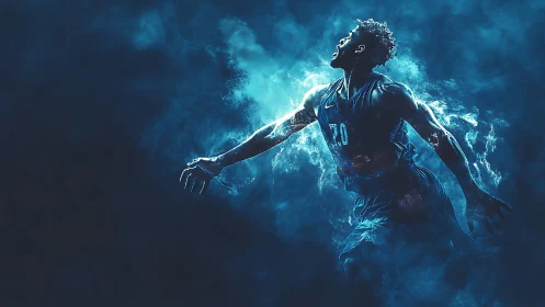 Dynamic basketball player bursts through electric blue haze