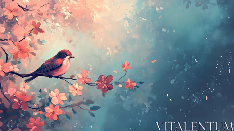 Songbird rests on spring blossoms in soft pastel light.