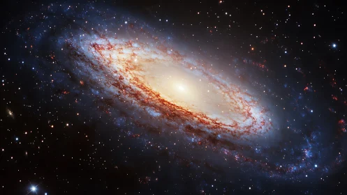 Spiral galaxy glows in deep space with radiant golden core