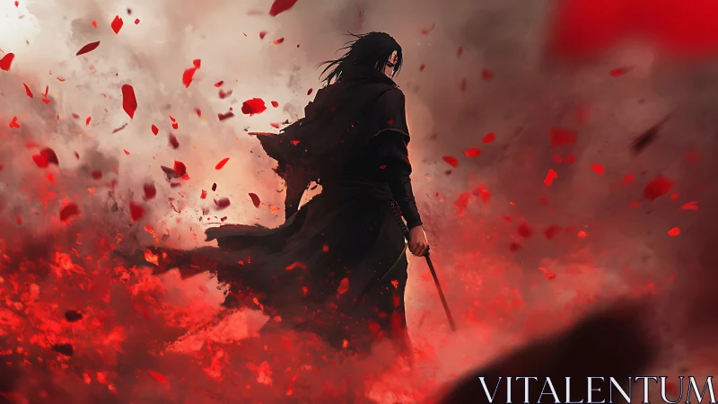 Lone swordsman strides through crimson storm of petals
