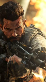 Battle-hardened soldier aiming rifle amid blazing chaos.