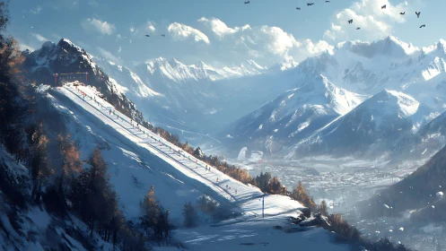 Crowded ski slope above a wide snow covered mountain town.