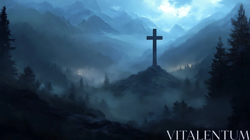 Solitary hilltop cross within layered misty mountain valley.