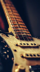 Close view of worn electric guitar body and fretboard.