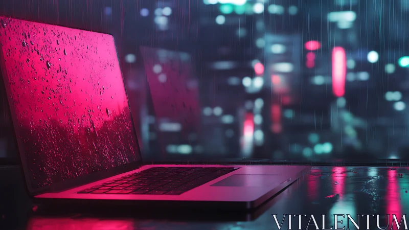 Cozy neon laptop glowing softly against a rainy city night.